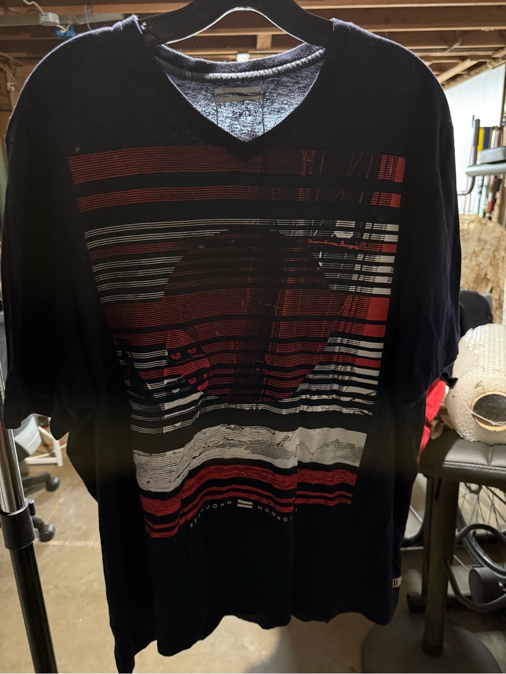 Sean John Men’s Black V-Neck Graphic Tee with Red & White Stripes